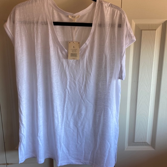 Nic + Zoe NWT Tacked Cuff Short Sleeve V-neck Linen Blend Top Size Large - Picture 1 of 9